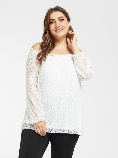 Milanoo Plus Size White T-Shirt For Women Bateau Neck Ruffles Lace Bell Long Sleeve Casual Summer To
