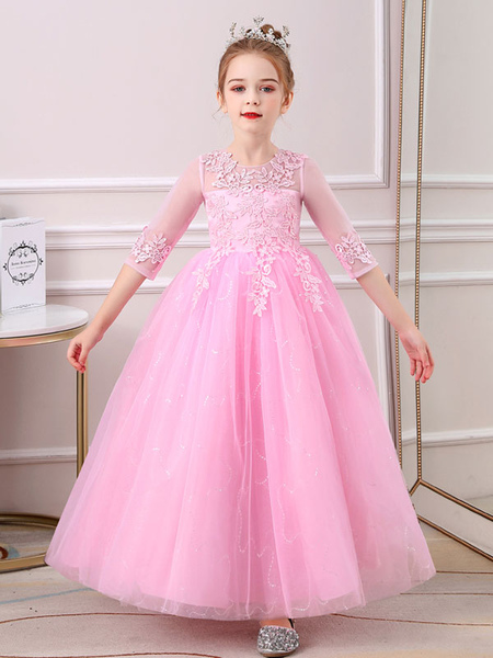 Milanoo Pink Flower Girl Dresses Jewel Neck Half Sleeves Ankle-Length Lace Princess Silhouette Bows