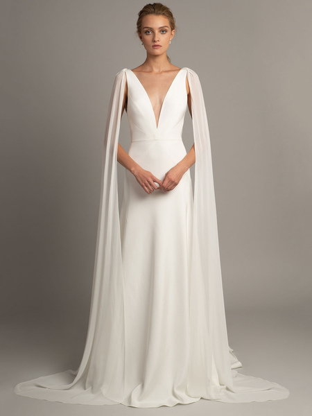 Milanoo White Simple Wedding Dress Satin Fabric V-Neck Sleeveless Ruffles A-Line Long Bridal Gowns