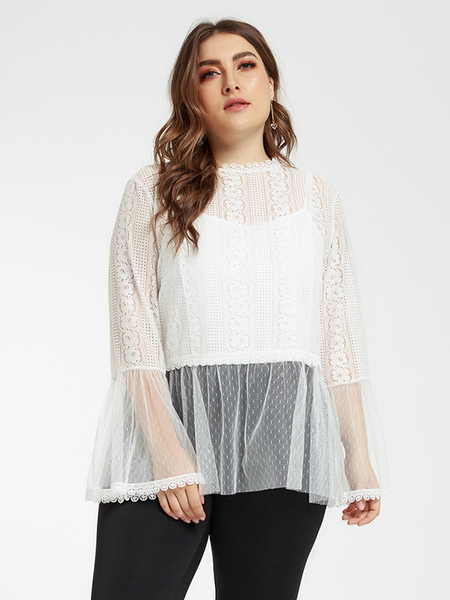 Milanoo Plus Size White Blouse For Women Jewel Neck Lace Ruffles Flared Long Sleeve Summer T-Shirt от Milanoo WW