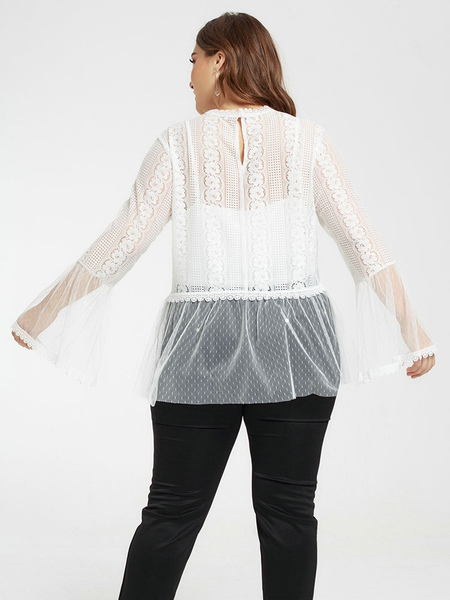 Milanoo Plus Size White Blouse For Women Jewel Neck Lace Ruffles Flared Long Sleeve Summer T-Shirt от Milanoo WW