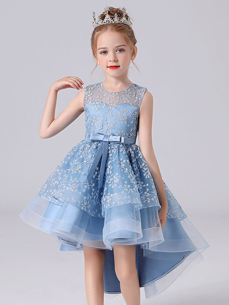 Milanoo Blue Flower Girl Dresses Jewel Neck Sleeveless Short Princess Dress Sash Lace Kids Party Dre