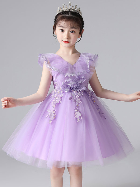 

Milanoo Purple Flower Girl Dresses V-Neck Sleeveless Tulle Lace Kids Party Dresses, White;lavender;baby blue