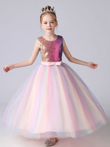 Milanoo Pink Flower Girl Dresses Jewel Neck Sequined Sleeveless Ankle-Length Princess Dress Bows Kid