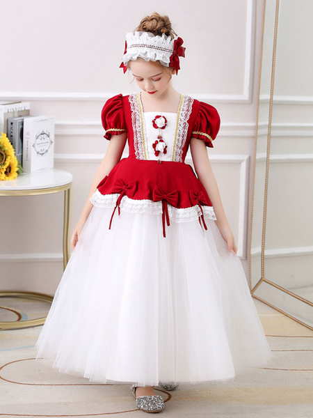 Milanoo Red Flower Girl Dresses Square Neck Short Sleeves Ankle-Length Princess Tulle Flowers Kids P