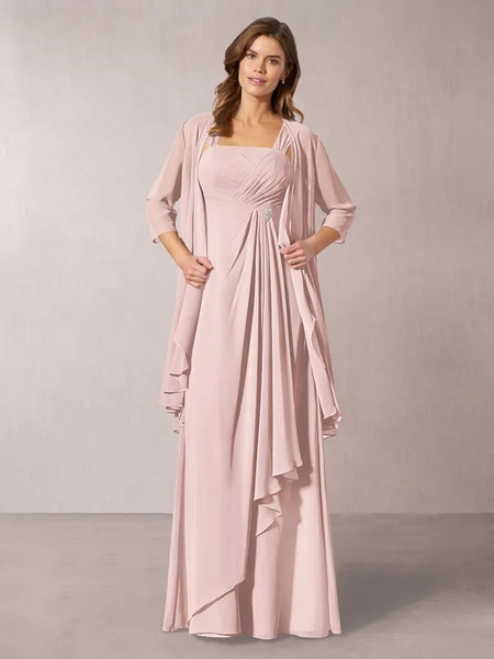 Milanoo Dark Pink Party Dress For Mother Of The Bride 3/4 Length Sleeves A-Line Pleated Wedding Gues