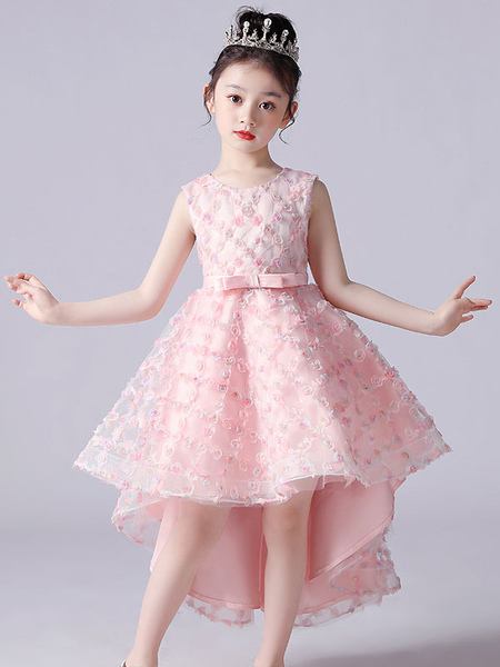 Milanoo Pink Flower Girl Dresses Jewel Neck Sleeveless Bows Formal Kids Pageant Dresses Lace Princes