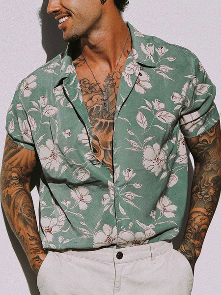 Milanoo Casual Shirt For Man Turndown Collar Chic Printed Sage Men\\\'s Shirts