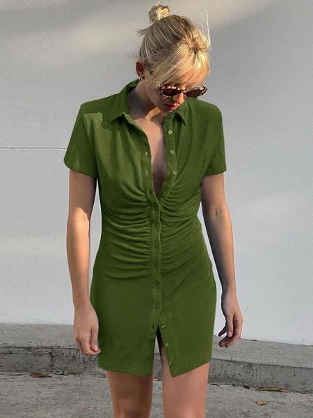 Milanoo Bodycon Dresses Green Short Sleeves Pleated Turndown Collar Irregular Slim Fit Dress Sexy Sh