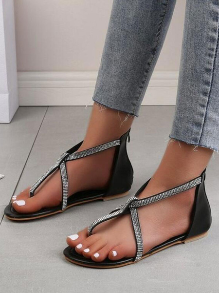 Women Flat Sandals Chic Rhinestones Flat Heel PU Leather Open Toe Casual Flat Sandals