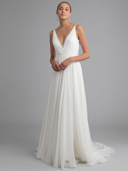 Milanoo White Simple Wedding Dress Chiffon V-Neck Sleeveless A-Line Backless Natural Waist Long Brid