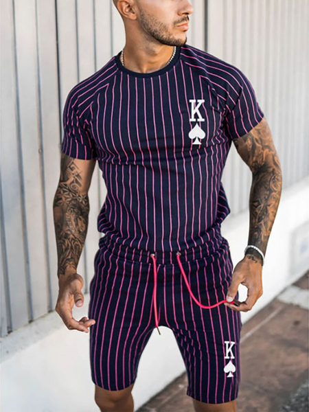 Milanoo Men\\'s Activewear 2-Piece Stripes Short Sleeves Jewel Neck Purple