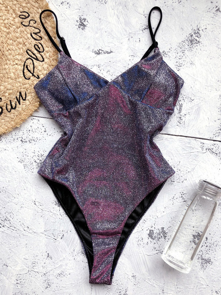 Milanoo Plus Size Swimming Suit Purple V-Neck Spaghetti Straps Raised Waist Polyester Sexy Summer On