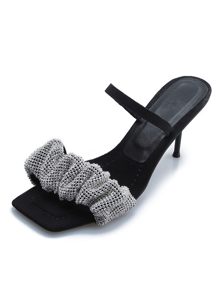Milanoo Women Heeled Slipper Black Micro Suede Slip-On Square Toe Stiletto Heel Rhinestones Summer H