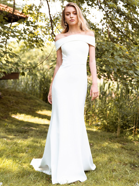 Milanoo Weißes einfaches Hochzeitskleid Bateau Neck ärmellose natürliche Taille rückenfreie Satin St