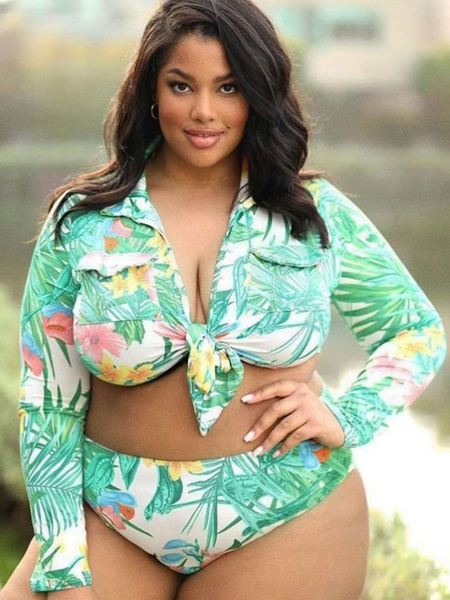 Milanoo Plus Size Green Swimming Suit Turndown Collar Knotted Full Coverage Polyester Sexy Summer Sw