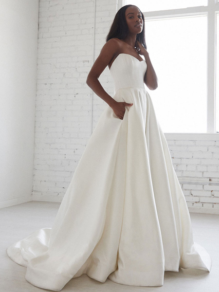Milanoo White A-Line Wedding Dresses With Train Sleeveless Pockets Strapless Backless Satin Fabric B