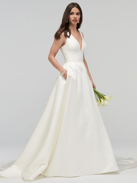 Milanoo Ivory A-Line Wedding Dresses With Train Sleeveless Pockets V-Neck Backless Satin Fabric Long