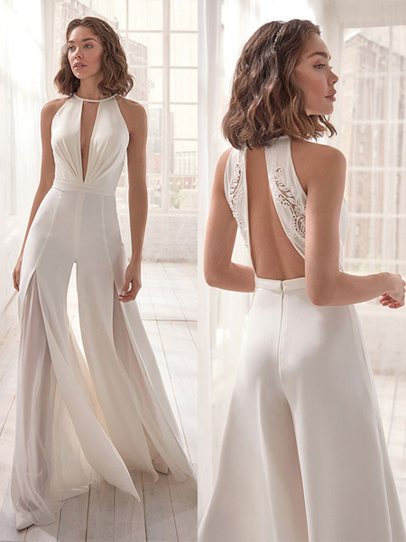 Milanoo White Jumpsuit V-Neck Sleeveless Polyester Floor Length Straight Summer One Piece Outfit