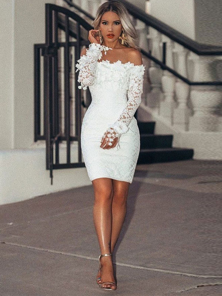White Lace Dresses Bateau Neck Long Sleeves Lace Casual Summer Dresses Bodycon Dress