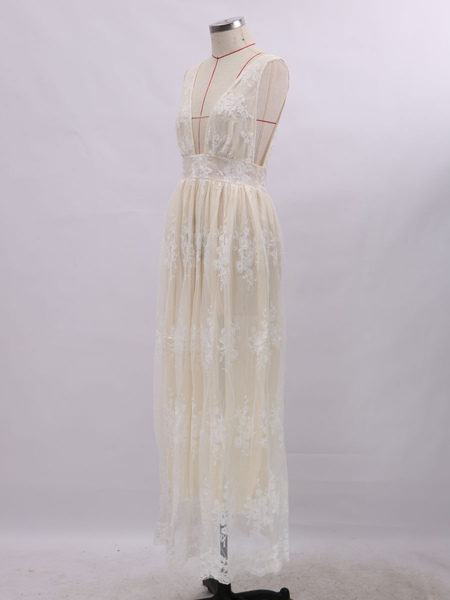 Party Dresses Apricot V-Neck Sleeveless Backless Floor Length Lace Semi Formal Dress Evening Dress