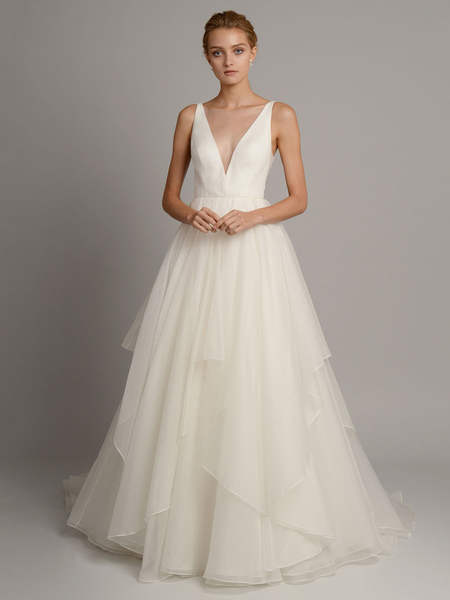 Milanoo White A-Line Wedding Dresses With Train Sleeveless Backless Natural Waist Tiered V-Neck Long