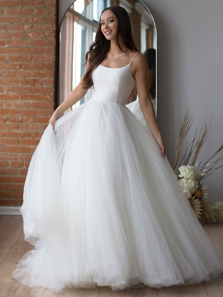 Milanoo White Wedding Dress Designed Neckline Sleeveless Backless Zipper Tiered With Train Tulle Lon