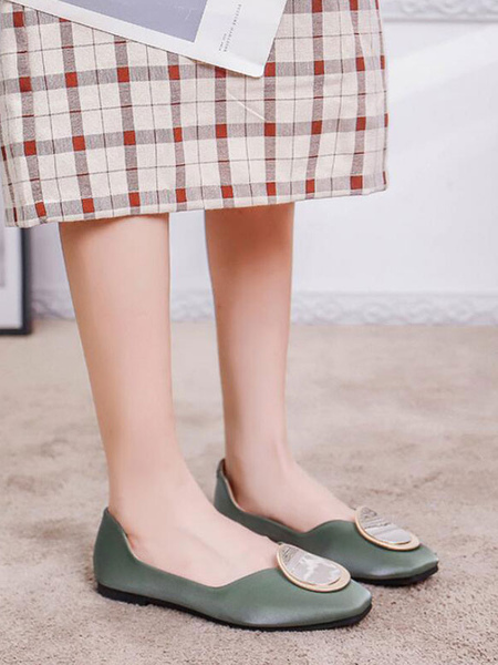 Milanoo Women Flat Shoes Green Pointed Toe Metal Details PU Leather Ballerina Flats