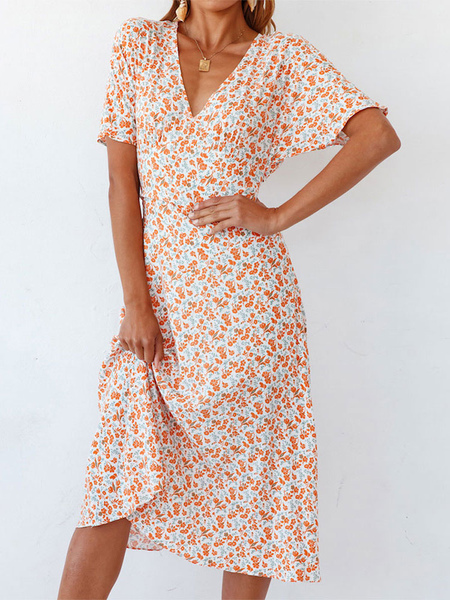 Milanoo Orange Boho Dress V-Neck Short Sleeves Polyester Floral Print Pattern Beach Long Dress