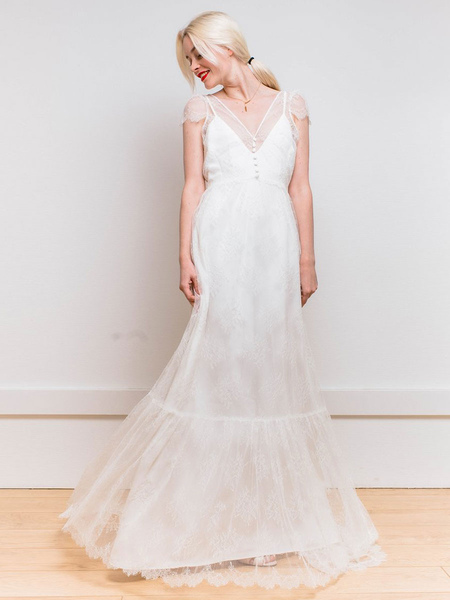 Milanoo Weißes einfaches Hochzeitskleid Satin Stoff V-Ausschnitt kurze Ärmel rückenfreie A-Linie lan