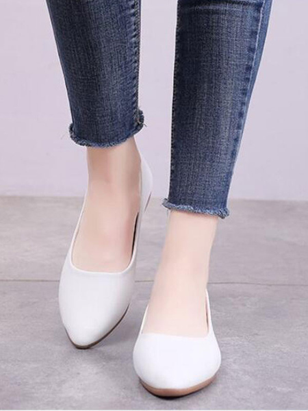 chaussures plates blanches pour femmes à bout pointu sans lacets en cuir pu ballerines