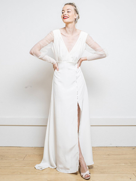 Milanoo White Simple Wedding Dress Satin Fabric V-Neck Long Sleeves A-Line Tulle Satin Fabric Long B