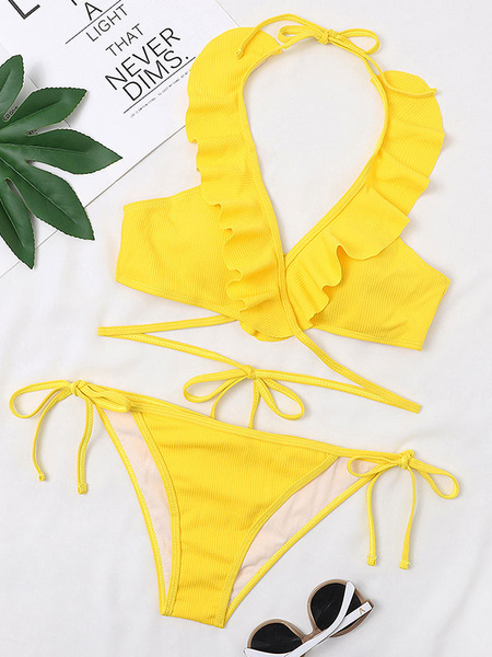 Milanoo Bikini Swimsuit For Women Yellow Ruffles Halter Knotted Summer Sexy Swimwear Outfit
