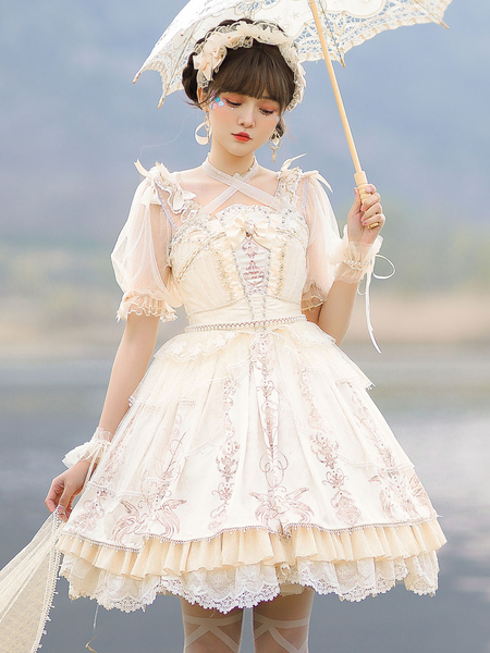Milanoo Tea Party Style Lolita JSK Dress 6-Piece Set Light Apricot Sleeveless Lolita Wedding Jumper