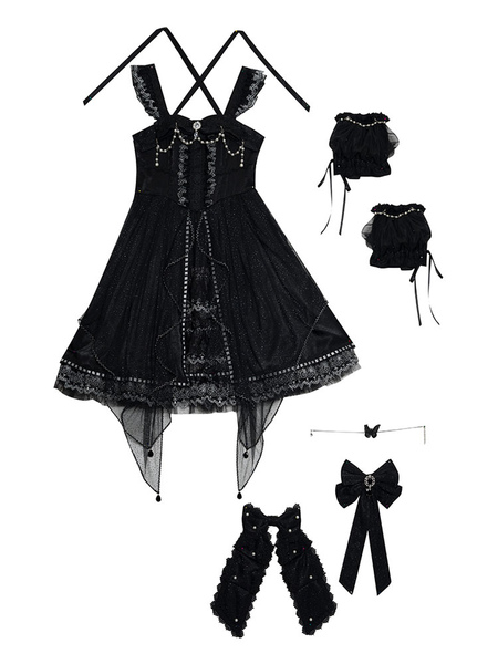 Milanoo Gothic Lolita JSK Kleid 4-teiliges Set Schwarz Ärmellose Schnürketten Perlen Bögen Dark Loli