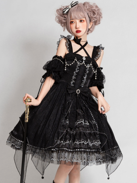 Milanoo Gothic Lolita JSK Dress 4-Piece Set Black Sleeveless Lace Up Chains Pearls Bows Dark Lolita