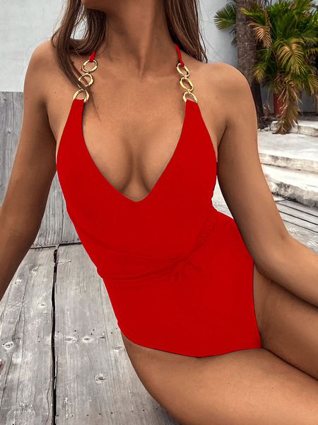 Milanoo Women One Piece Swimsuits Red Lace Up Straps Neck Irregular Raised Waist Summer Beach Swimwe