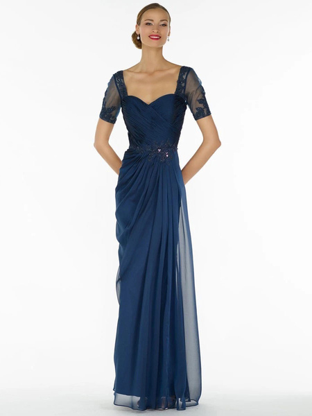 Milanoo Navy Blue Bridal Mother Dress Strapless Short Sleeves A-Line Chiffon Lace Pleated Floor-Leng