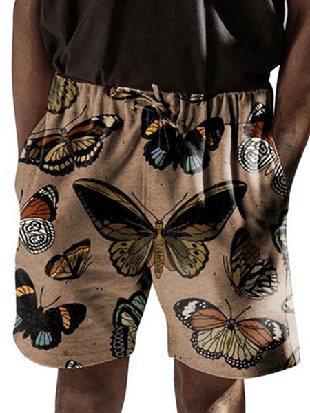 Milanoo Men\\'s Shorts Printed Elastic Waist Summer Beach Khaki Shorts For Men