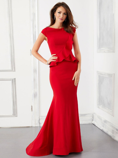 Milanoo Red Party Dress For Mother Of The Bride Jewel Neck Short Sleeves Mermaid Satin Fabric Pleate