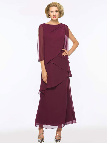 Milanoo Burgundy Party Dress For Mother Of The Bride Jewel Neck Half Sleeves A-Line Chiffon Pleated