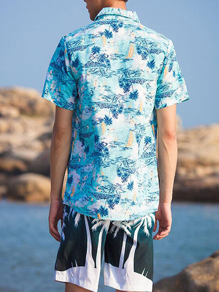 Milanoo Man's Casual Shirt Turndown Collar Classic Leaf Pattern Aqua Men's Shirts