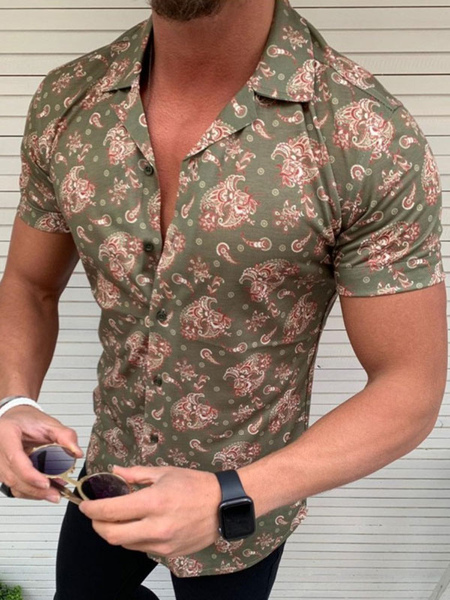 Milanoo Men's Casual Shirt Turndown Collar Classic Leaf Pattern Hunter Green Men's Shirts