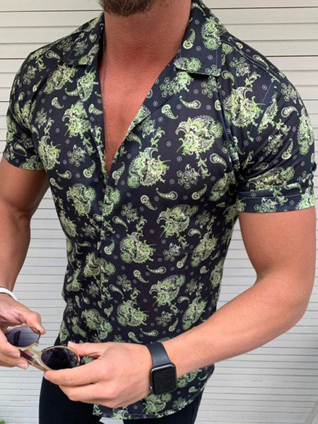Milanoo Men's Casual Shirt Turndown Collar Classic Leaf Pattern Hunter Green Men's Shirts