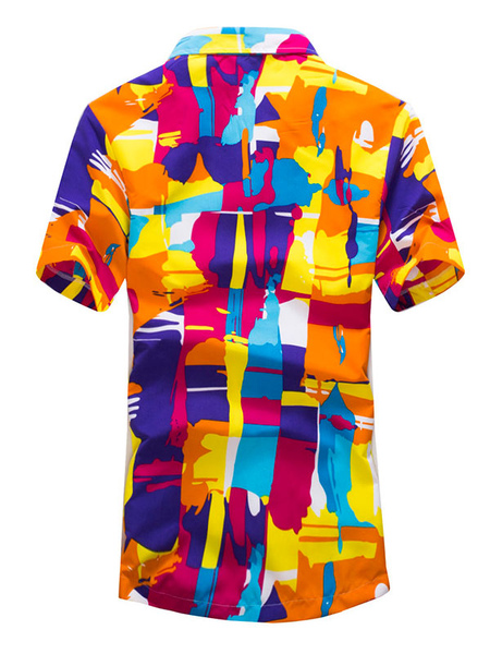 Milanoo Man's Casual Shirt Turndown Collar Classic Geometric Orange Men's Shirts