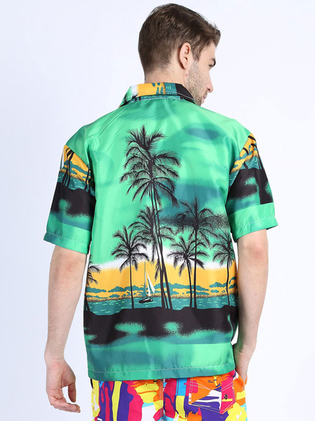 Milanoo Casual Shirt For Man Turndown Collar Classic Printed Grass Green Men's Shirts