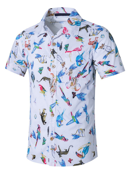 Milanoo Casual Shirt For Men Turndown Collar Classic Leaf Pattern White Men's Shirts
