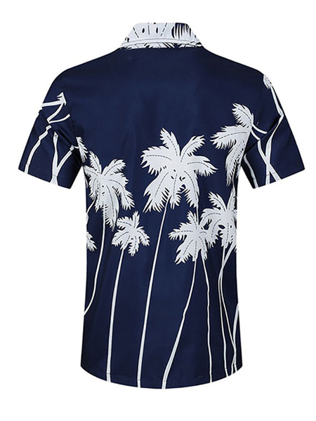 Milanoo Men's Casual Shirt Turndown Collar Classic Leaf Pattern Deep Blue Men's Shirts