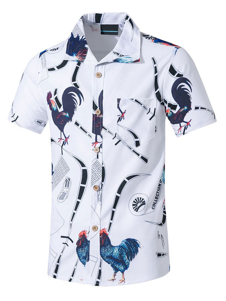 Milanoo Casual Shirt For Man Turndown Collar Casual Words Print White Men's Shirts