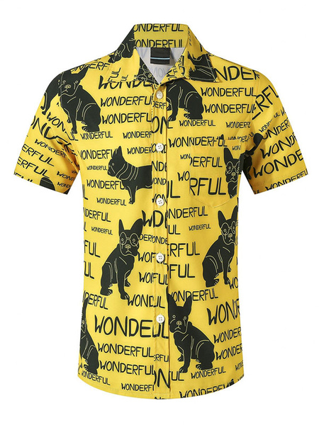 Milanoo Casual Shirt For Man Turndown Collar Casual Words Print Yellow Men\\'s Shirts
